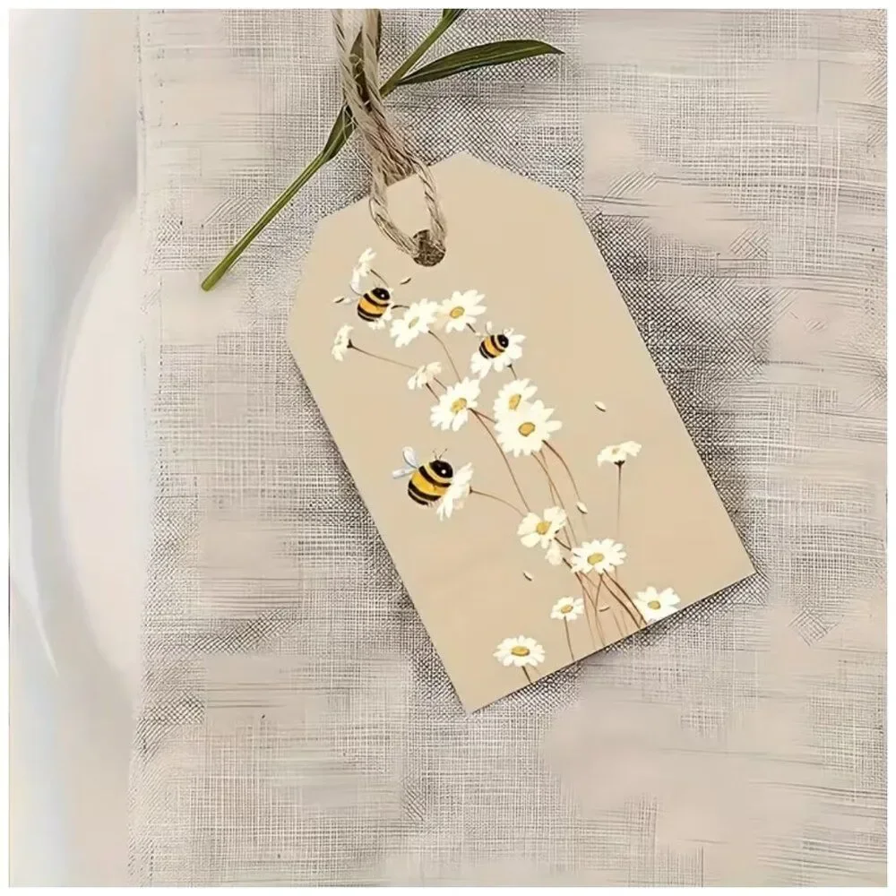 50pcs Bee & Daisy Gift Tags Farmhouse Style Beige & Brown Cottagecore Minimalist